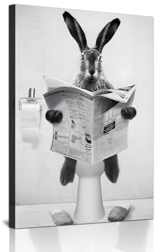 Nette Zeitung Tier Wand Kunst Schwarz und Weiß Leinwand Gedruckte Kabine Badezimmer Dekoration Badewanne Wand Bild, Rahmenlos (Kaninchen,1pcs-40x60cm)