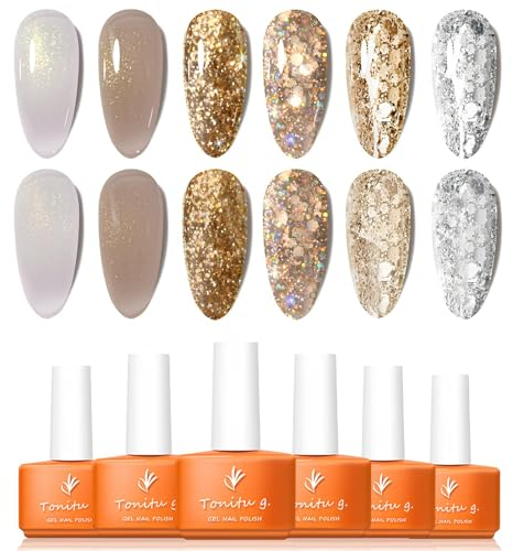 Tonitu G Gel Nail Polish Set 6 Colors Gel Polish Kit, Iridescent White,Nude Shimmer,Multi-Color Gold Silver Glitter Nail Art Design Soak Off LED at Manicure DIY Home Salon Gifts for Women Girls
