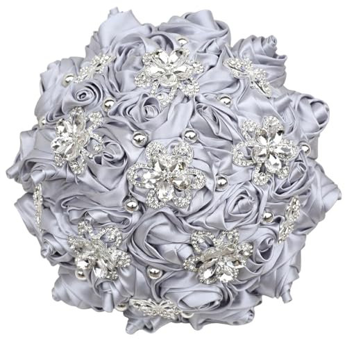 Ailan Künstliche Blumen und Pflanzen, Hochzeitsstrauß, realistisch und langlebig, pflegeleicht, Seidensatin, Rosen Brautstrauß, elegant, Silber