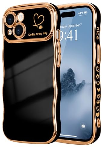 LCHULLE for iPhone 15 Case for Women Girls,Cute Curly Wave Frame Shape Love Heart Pattern Phone Case,Raised Camera Protection Luxury Plating Shockproof Cover for iPhone 15 6.1,Black