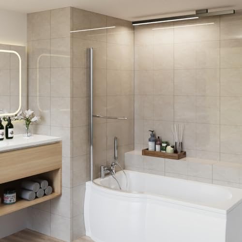 Aquariss Panneau de baignoire pivotant incurvé en verre trempé de sécurité pour baignoire en forme de P Chromé 1400 x 715 mm 6 mm avec porte-serviette