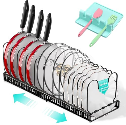 Swetfela Organizador Sartenes con 1 Portacucharas,14 Compartimentos Ajustable Organizador Sartenes y Ollas Cajon,Extensible Organizador de Sartenes para Almacenamiento de Sartenes,Tapas de Ollas
