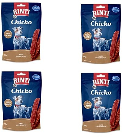 Rinti Extra Chicko Lamm | 4er Pack | 4 x 60 g | Ergänzungsfuttermittel für ausgewachsene Hunde | Leicht bekömmlich und gut verdaulich | Zarte Lamm-Streifen | Ohne Soja
