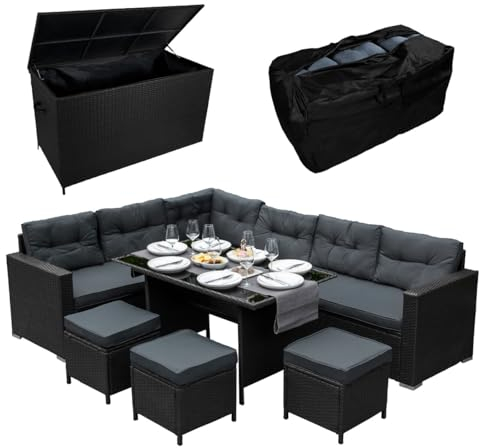 Rattan Corner Dining Set & Garden Storage Box Black 9-Seater L Sofa Stools Glass Table Large Cushion Furniture Chest 582L Outdoor Patio Steel Frame UV Resistant FREE Waterproof Carry Bag & Rain Cover