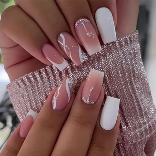 24pcs French Tip False Nails - Short Coffin, White Edge, Nude Pink - Glue on, Removable Stick on - Full Cover - Women & Girls Nail Art Accessories