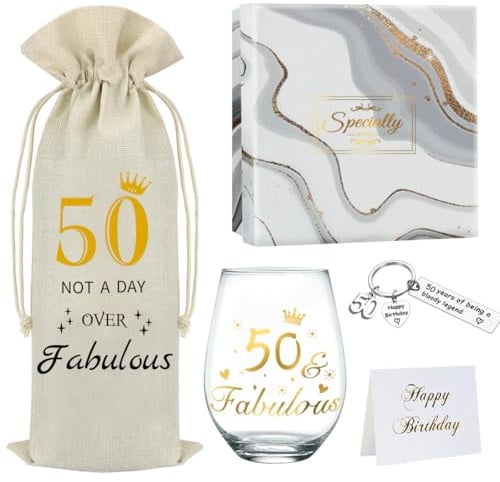 DEARLIVES Copas de vino de 50 cumpleaños, regalos personalizables, copas de vino doradas, bolsas de botellas de 17 onzas para mujeres y hombres