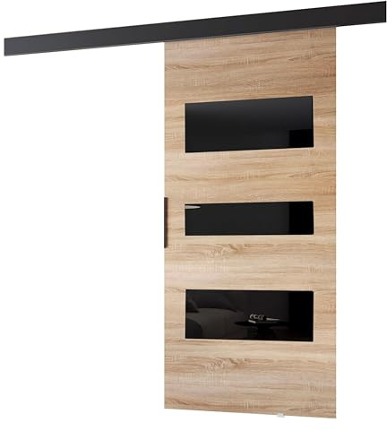 MINIO go for it - Schiebetüren 106 cm, Schiebetür Zimmertür PRIM C | Schiebetürsystem für Zimmer, Dekorative Elemente, Wandmontage, Türe Innen - Schwarz/Schwarzer Griff, Sonoma Eiche / Schwarz