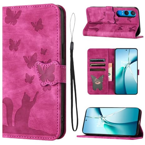 LSPCASA Carcasa para OnePlus Nord CE4 Lite 5G 6.67 Pulgadas Material De Piel Sintética Funda OnePlus Nord CE4 Lite 5G con Ranuras para Tarjetas Patrón De Mariposa De Gato Fundas Rosa