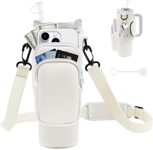 Water Bottle Carrier Bag with Phone Pocket for Stanley Cup 40/30 oz, Water Bottle Holder with Adjustable Strap & Straw Cover, Stanley Cup Accessories (White, 30 OZ)