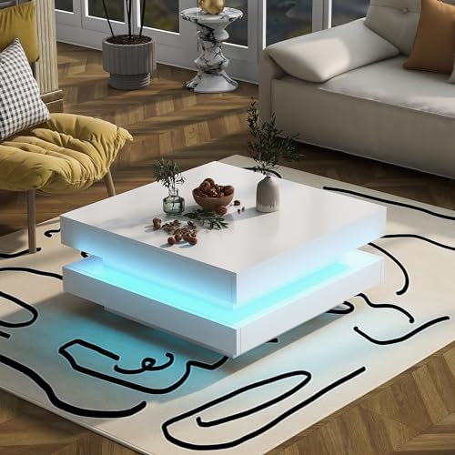 MSMOK Weißer quadratischer Hochglanz-Couchtisch mit drehbarer Platte, 70x70x36 cm - Moderner Techno-Stil mit 16-farbigem LED-Licht