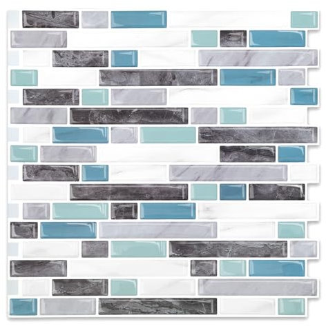 Yipscazo 10 Sheets 12''x12'' Peel and Stick Backsplash Tile for Kitchen Adhesive Stick on Backsplash Laundry Bathroom Textured Vinyl Sticker Wallpaper Smart Tile in Gray and Blue