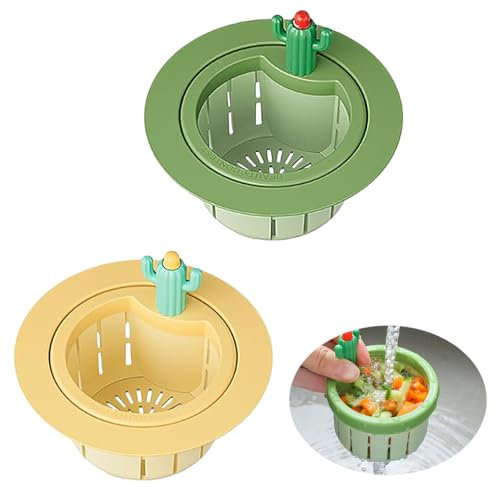 KyeeaDIY Multi-Functional Cactus Sink Strainer, Press Auto Dump Strainer Basket Filter Lifting Basket Plastic Cactus Sink Filter Basket, Kitchen under Sink Cleaning Strainer Basket (Green and Yellow)