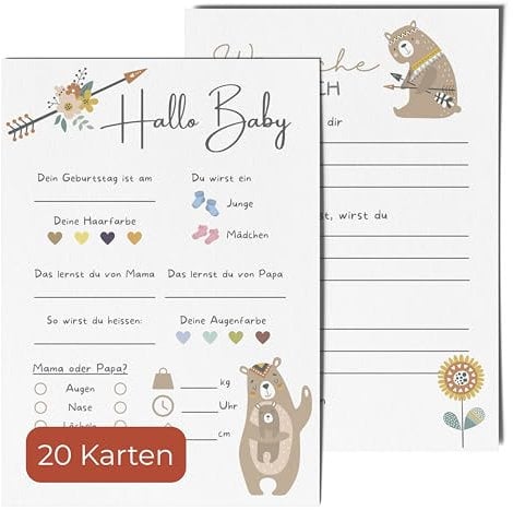 20 Ratespielkarten für Babypartys - Spiele für Gender-Reveal-Party und Babyshower, Tippkarten für Baby Mädchen und Jungen (Blau) (Boho, 20 Karten)