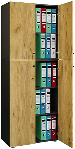 VCM Office Cabinet with 5 Compartments | Modern Filing Cabinet with Revolving Doors | Dimensions Approx. W 70 x H 184 x D 40 cm - Lona 5-Compartment Anthracite/Honey Oak