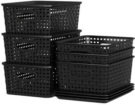 Julyeen Set of 6 Plastic Storage Baskets with Lids, Office Weave Organizer Basket Box, Black