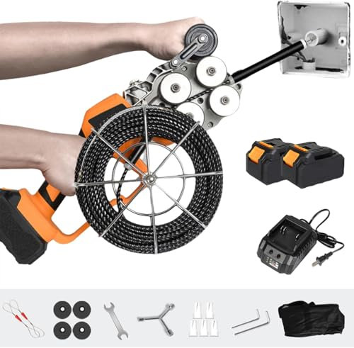 Filettatrice Elettrica A Batteria, Estrattore Automatico di Filo con 2 Batterie, Cavo da 30 M, Filiera per Elettricisti per Filettatura di Pareti E Tubi, per Lavori Edili E Elettrici