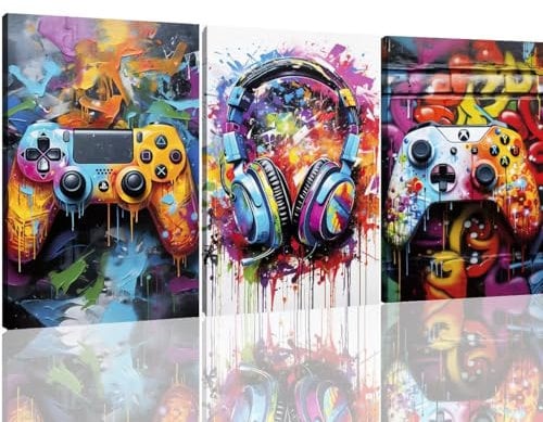 TANWYTQFAEH Framed Gaming Posters Wall Art Decor Watercolor Colorful Neon Gamepad Canvas Painting Pictures Prints for Boys Room Kids Cool Game Bedroom for Boys Decoration (color C, 30x40 cm, Framed)