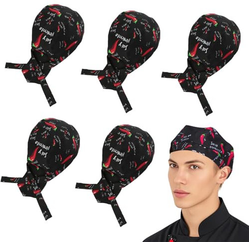 Osuter 5PCS Sombrero de Cocinero Ajustable Japonés Gorro de Trabajo de Cocina Chef Hat Gorro de Cocinero Unisex Gorro de Chef para Mujer Hombre (Estampado)