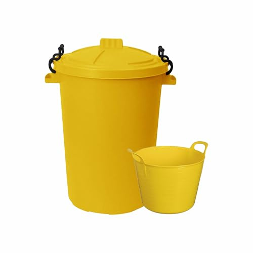 𝐂𝐇𝐏𝐋 𝐘𝐞𝐥𝐥𝐨𝐰 Colour 1 x 50L Heavy Duty Plastic Bin with Clip Lock Lid and 20L Flexible Small Tub – Durable Multi-Purpose Storage Set for Waste, Recycling, General & Indoor and Outdoor Use