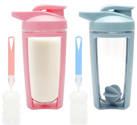 Juego de 2 vasos de batido de proteínas con bola mixta sin BPA doble capa 500 ml con escala y tapa botella deportiva a prueba de fugas para fitness dieta, hombres y mujeres (azul y rosa)