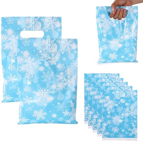 50pz Sacchetti Regalo con Fiocco di Neve, Sacchetti Regalo Invernali con Manico Caramelle Blu Goodie Decorazione per Decorazioni Feste Compleanno Paese delle Meraviglie Natalizio