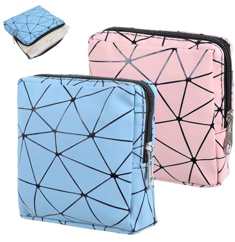 Classicseali 2 Stück Perioden Tasche, Binden Aufbewahrung, Tragbare Tampons Aufbewahrung mit Reißverschluss, Wiederverwendbare Tampon Box für Unterwegs, wasserdichte Bindentasche, Blau & Rosa