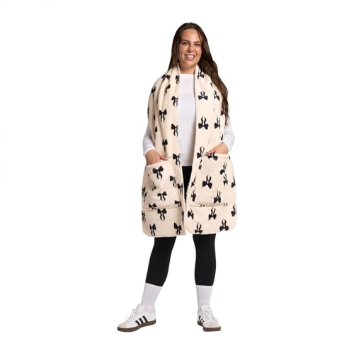 OHS Bow Print Ladies Scarves, Gifts for Women Soft Comfy Fleece Scarf with Pockets Hand Neck Warmer Women Scarf Long Thermal Winter Warm Wrap Gifts for Mum, Monochrome