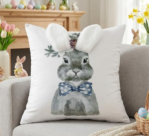 Luzzxfa Ostern Kissenbezug 40x40 cm Weiß Kaninchen Osterdeko Kissenbezüge Mit 3D-Hasenohrenverzierung Kissenhülle Sofakissen Couchkissen Weich für Sofa Schlafzimmer Wohnzimmer Outdoor Garten 1er Set