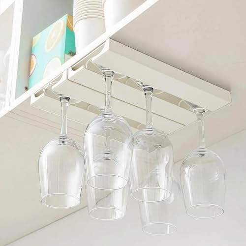 TKLake 2 Pcs No Drill Wine Glass Holder: Self Adhesive Under Cabinet Stemware Rack, Stick on Wine Glass Hanger Under Shelf, Space Saving Organizer for Bar Kitchen Cupboard (White)