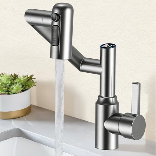 auvstar Wasserhahn Bad mit Temperaturanzeige(Batterielos),Smart Temperatur Badezimmer Wasserhahn,1080° Drehbare Waschtischarmatur, Höhenverstellbare,für Warm und Kaltwasser, 3 Wasserflussmodi