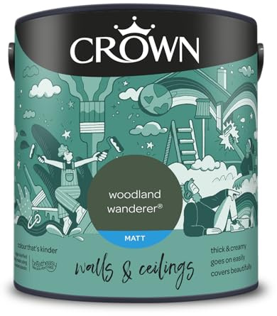Crown Woodland Wanderer® 2.5L Walls & Ceilings Matt Emulsion | Rich velvety matt in Woodland Wanderer. Covers beautifully. Ideal for bedrooms & living rooms. Low VOC, low odour, vegan