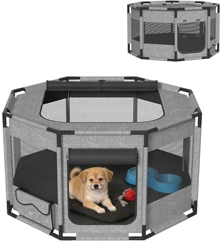 Froadp Mobiler Welpenauslauf Hundekäfig aus 600D Oxford Stoff mit PVC-Rahmen, Faltbares Tierlaufgitter für Hunde & Katzen, Tierlaufstall mit Reißverschlusstür und Oberer Öffnung, Grau – Achteckig M