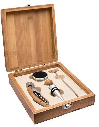 Schmalz® Weinset Bambus 4-teilig Kellnermesser inkl.Wunschgravur Gravur graviert, Weinset Thermometer, Flaschenverschluss, Tropfring (ohne Gravur)