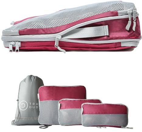 TRAVEL DUDE Packwürfel Set mit Kompression aus recycelten Plastikflaschen | Packing Cubes | Packtaschen & Gepäck Organizer für Rucksack & Koffer | Extra leichte Kleidertaschen | Weinrot, 4-teilig
