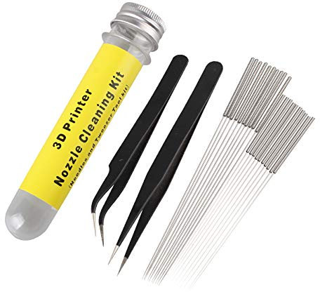 Jopto 22 3D Printer Nozzle Cleaning Kit Stainless Steel Nozzle Cleaning Tool Kit including 10pcs 0.4mm Needles 10pcs 0.35mm Needles and 1pcs Angled Tweezers 1pcs Straight Tweezers for 3D Printer