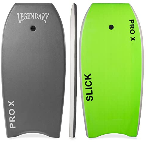 Bodyboard für Strand mit harter, glatter Unterseite, Boogie Boards für Kinder und Erwachsene, Legendary Pro X Hitzeversiegelt mit EPS-Kern, Leine (94 cm, Dunkelgrau/Grün)