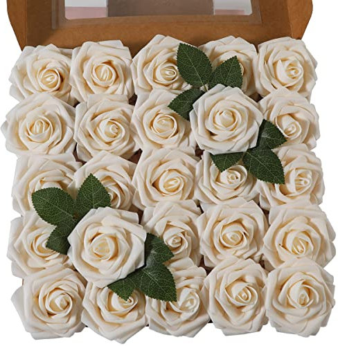 Ruiuzi Lot de 25 Roses artificielles réalistes avec Tige pour Bouquets de Mariage, centres de Table, fête de Mariage, décoration de Maison (Champagne, 25pcs)