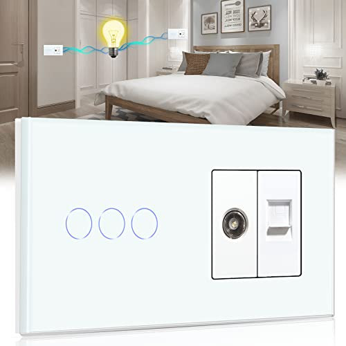 BSEED Touch Lichtschalter mit Steckdose 3 Fach 2 Weg mit Cat5 RJ45 Steckdose TV Antenne Koaxial und Ethernet Wandsteckdose Glas Platte Steckdose mit Lichtschalter Weiß