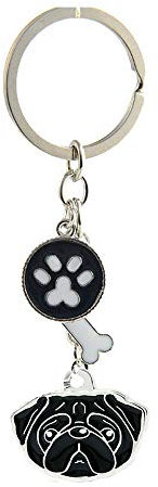 Erkennungsmarke, Schlüsselanhänger, Haustier-ID-Tags, schöner Metall-Hunde-Schlüsselanhänger, Welpenpfote, Knochen, kleine Hunde Anhänger (Mops)
