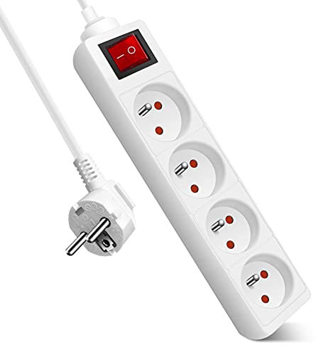 Extrastar Multiprise 4 Prises avec Interrupteur, 2P + T, Bloc 4 Prises avec sécurité Enfant, Extension d'alimentation de 1.5 Mètre, 16A 230 V, Blanc