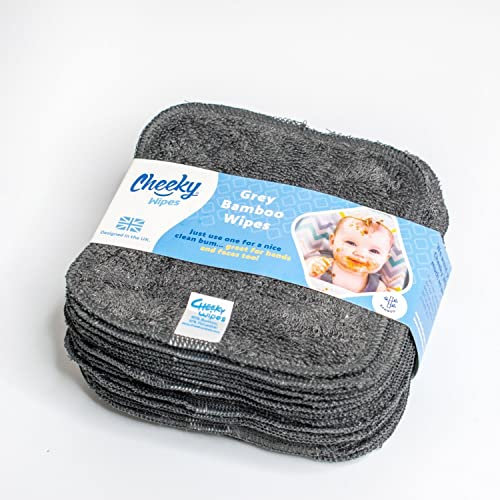 Cheeky Wipes - 25 Washable Bamboo Terry Cloth Wipes, 15x15cm Reusable Grey Pack, Perfect for Baby's Hands and Face, Absorbent, Super Soft and Naturally Anti-Bacterial | Eco Friendly