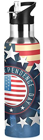 Vnurnrn Cadeau Étoile Usa Drapeau Américain Bouteille d'eau Isotherme avec Paille en Acier Inoxydable Gourde 600ML, Sans Bpa Gourdes Eau pour Enfant Sport Randonnée École Bureau