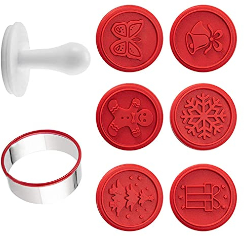 Liummrcy Weihnachts-Keksstempel Set, Silikon-Keks-Briefmarken Set, 6 Muster: Lebkuchenmann, Weihnachtsglocke, Weihnachtsbaum, Geschenkbox, Schmetterling, Schneeflocke, 8 Stück, Rot
