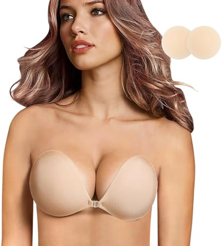 Adhesive Bra, Push up Strapless Self Adhesive Bra, Invisible Silicone Bra for Backless Dress (B, Nude)
