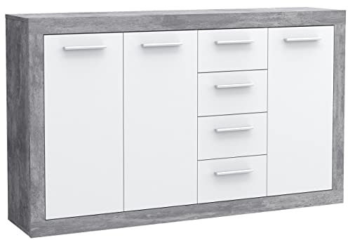 Newroom Kommode Betonoptik Lichtgrau Sideboard Modern - 152,4x91,8x33,8 cm (BxHxT) - Highboard Anrichte - [Hisako.Four] Wohnzimmer Wohnstube Büro