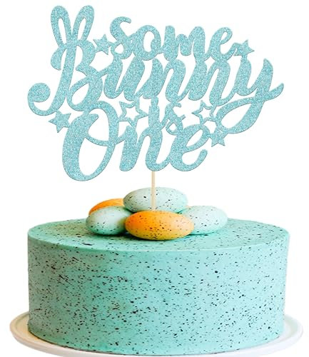 Gyufise 1 Pack Blue Glitter Some Bunny is One Cake Topper Rabbit Bunny First Birthday Cake Decoration for Happy Easter Baby Shower Party Decorations