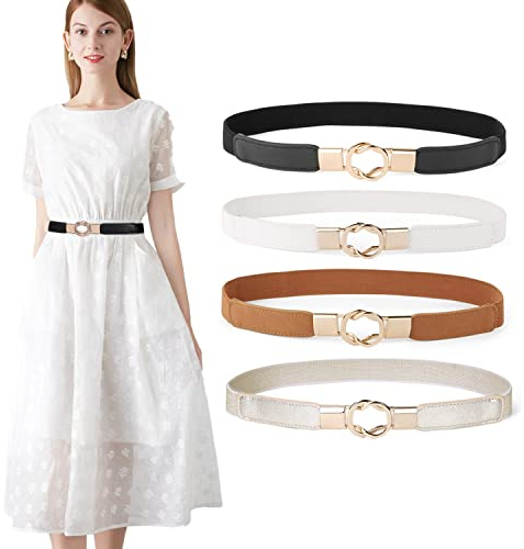 WERFORU 4 Stücke Dünne Gürtel Damen Elastische Taillengürtel Dehnbarer Kleid Gürtel mit Goldene Schnalle Schwarz/Braun/Weiß/Gold
