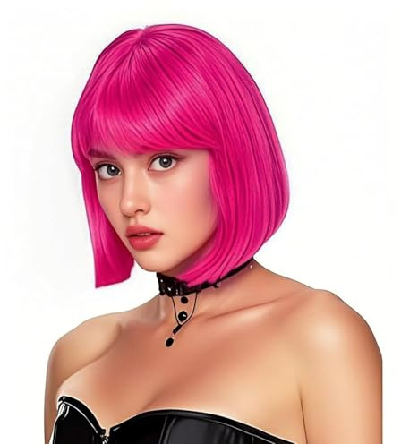 PORSMEER leuchtend pink Kurz Gerade Bob Perücken Mit Pony für Frauen,Natürliche Synthetische Haar Perücken für Karneval/Fasching & Cosplay Halloween Party,hot pink