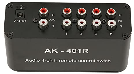 Annadue 4 Wege Cinch Schalter AV Splitter Schalter, 4 in 4 Ausgang Composite Video L/R Audio AV Auswahlbox Stereo Schalter mit IR Fernbedienung für STB Spielekonsole, DVD