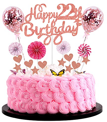 Tortendeko 22. Geburtstag - Kuchen Topper Happy Birthday 22 Jahre - Kuchendeko Rosa Rosegold für Frau